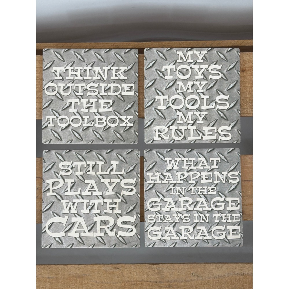 Carson Absorbent Stoneware‎ Coasters Set of 4 Guys Cars Garage Tools